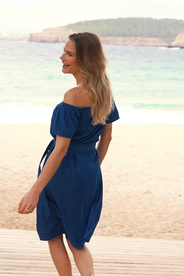 Indigo Blue Button Front Bardot Denim Dress 5 Indigo Blue Button Front Bardot Denim Dress - Image 5