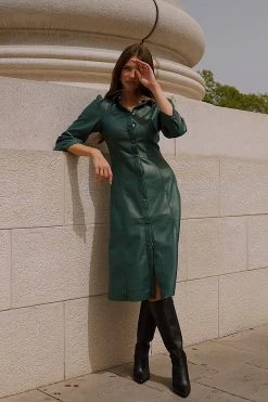 Green Faux Leather Popper Front Shirt Dress -Trendora Shop fce450887f32cd148a6a5cf014112fefc92bd1ef