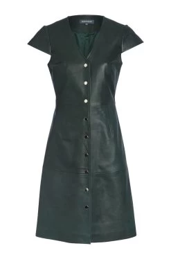 Dark Green Leather V Neck Popper Front Dress -Trendora Shop greenleatherbuttonupdress
