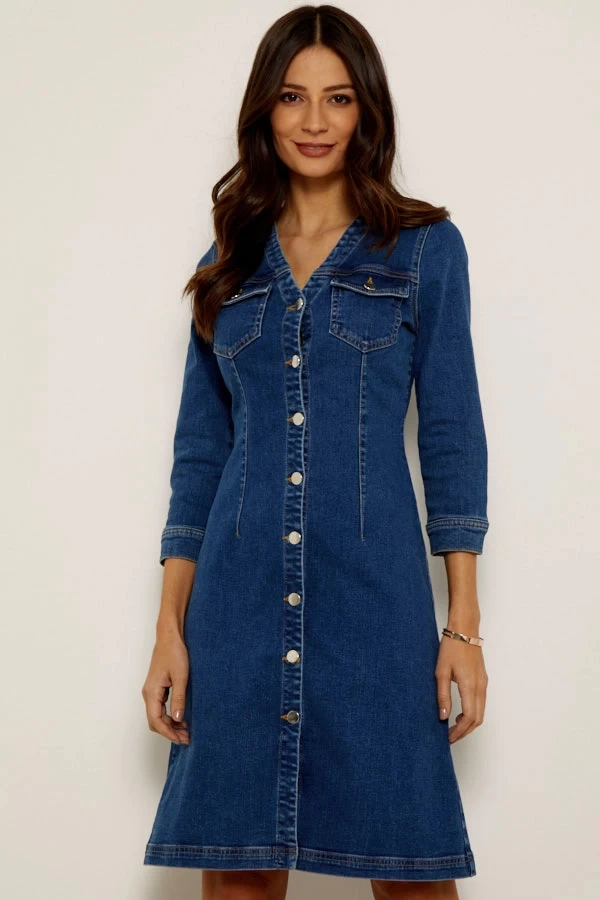 Indigo V Neck Button Front Denim Dress 1 Indigo V Neck Button Front Denim Dress