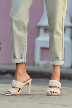 Valentina Ecru Leather Woven Double Strap Square Toe Mule -Trendora Shop mule 3