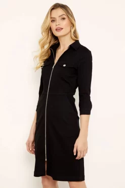 Black Zip Front Denim Dress With Pockets -Trendora Shop s19ds764 3 crop v2