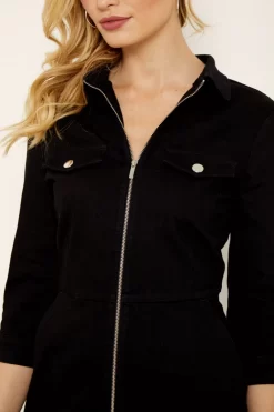 Black Zip Front Denim Dress With Pockets -Trendora Shop s19ds764 15