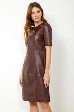 Burgundy Leather Zip Detail Shift Dress -Trendora Shop s20dl010 11