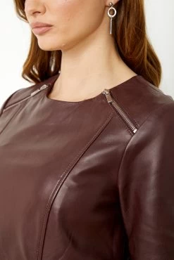 Burgundy Leather Zip Detail Shift Dress -Trendora Shop s20dl010 17