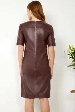 Burgundy Leather Zip Detail Shift Dress -Trendora Shop s20dl010 19 1