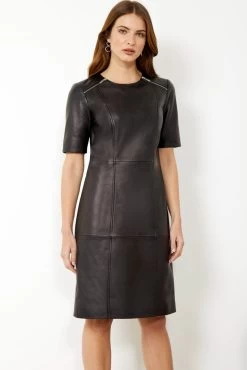 Black Leather Zip Detail Shift Dress