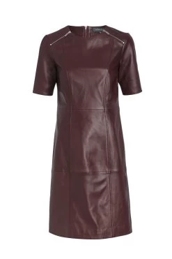 Burgundy Leather Zip Detail Shift Dress -Trendora Shop s20dl010rd0004