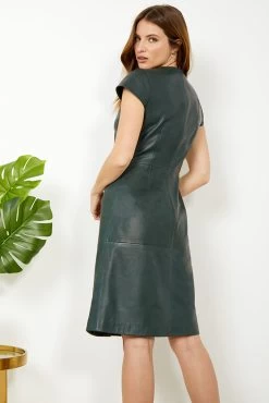 Dark Green Leather V Neck Popper Front Dress -Trendora Shop s20dl01gn 1 13
