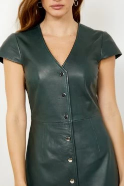 Dark Green Leather V Neck Popper Front Dress -Trendora Shop s20dl01gn 1 14