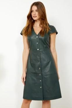 Dark Green Leather V Neck Popper Front Dress -Trendora Shop s20dl01gn 1 7