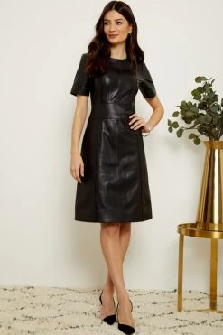 Black Leather Panelled Shift Dress 10 Black Leather Panelled Shift Dress -Trendora Shop s20tk134 3 1