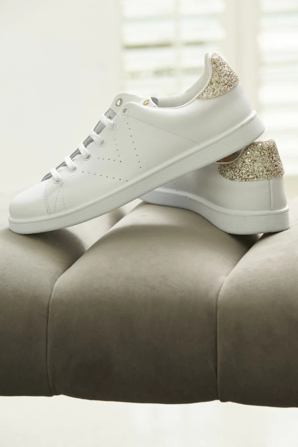 Victoria Cava Gold Glitter Back White Leather Trainers 1 Victoria Cava Gold Glitter Back White Leather Trainers