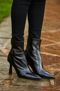 Black Patent Leather Shaped Heel Ankle Boot
