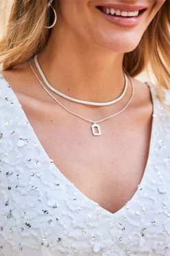 Silver Square Pendant Slinky Chain Layered Necklace -Trendora Shop silver necklace 6