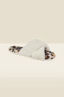 Cream Leopard Print Cross Strap Faux Fur Mule Slippers