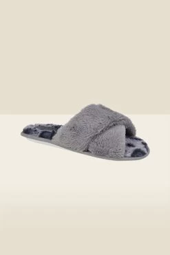 Grey Leopard Print Cross Strap Faux Fur Mule Slippers