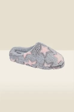Grey Star Detail Faux Fur Mule Slippers