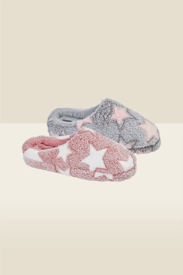 Grey Star Detail Faux Fur Mule Slippers 3 Grey Star Detail Faux Fur Mule Slippers - Image 3