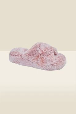 Pink Cross Strap Faux Fur Mule Slippers