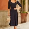 Navy Blue Metallic Sweetheart Neckline Fit & Flare Knitted Dress