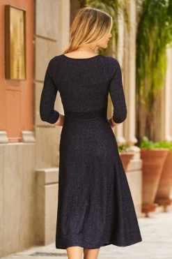 Navy Blue Metallic Sweetheart Neckline Fit & Flare Knitted Dress -Trendora Shop web 01 a21dk588 093
