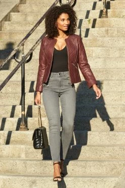 Burgundy Quilted Leather Collarless Jacket -Trendora Shop web 13 a21ol005 a20bd002gy 056