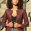 Burgundy Quilted Leather Collarless Jacket