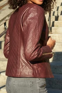 Burgundy Quilted Leather Collarless Jacket -Trendora Shop web 13 a21ol005 a20bd002gy 137