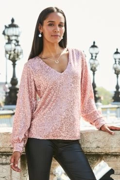 Rose Gold Sequin V Neck Blouson Sleeve Top