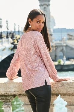 Rose Gold Sequin V Neck Blouson Sleeve Top -Trendora Shop web 16 s20tw100pk 124 2