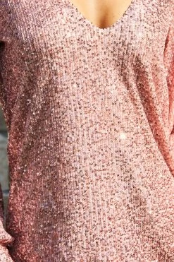 Rose Gold Sequin V Neck Blouson Sleeve Top -Trendora Shop web 16 s20tw100pk 151 2