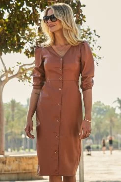 Tan Faux Leather Popper Front Pencil Dress With Pockets -Trendora Shop web 21 a21dp004 095 1