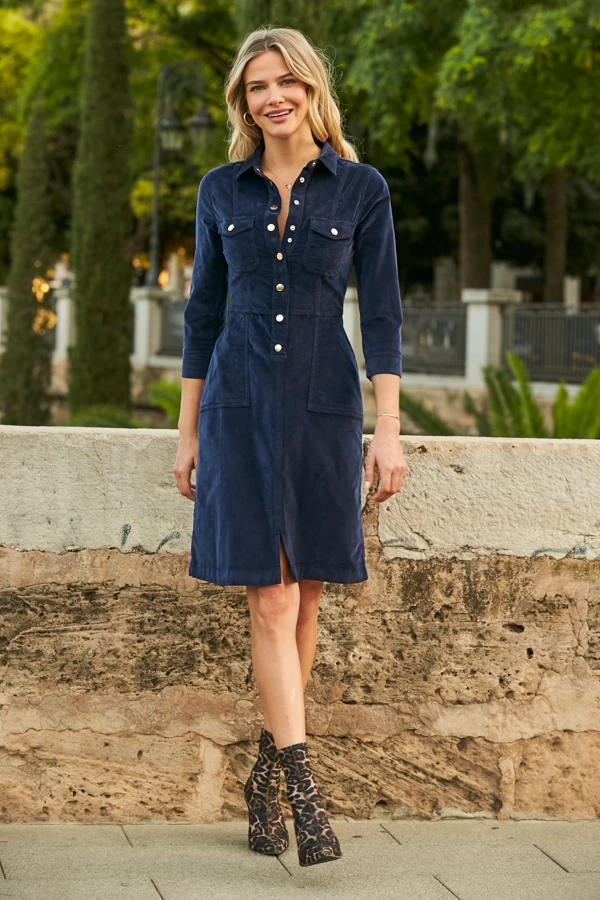 Navy Blue Luxe Velvet Popper Front Dress 1 Navy Blue Luxe Velvet Popper Front Dress