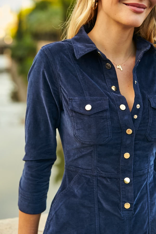 Navy Blue Luxe Velvet Popper Front Dress 5 Navy Blue Luxe Velvet Popper Front Dress - Image 5