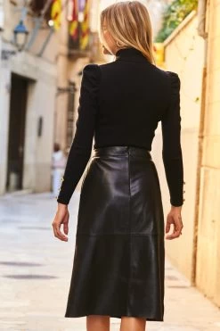 Black Leather A-Line Skirt With Pockets -Trendora Shop web 57 a21sl003bk 145