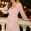 Rose Gold Sequin V Neck Belted Shift Dress
