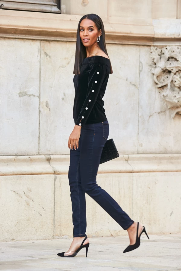 Black Velvet Embellished Sleeve Bardot Top 5 Black Velvet Embellished Sleeve Bardot Top - Image 5