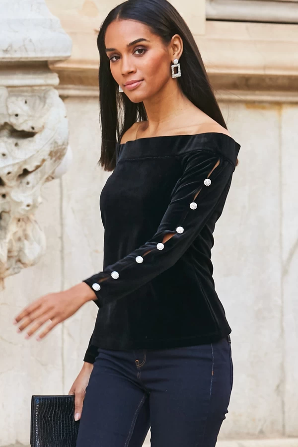 Black Velvet Embellished Sleeve Bardot Top 1 Black Velvet Embellished Sleeve Bardot Top