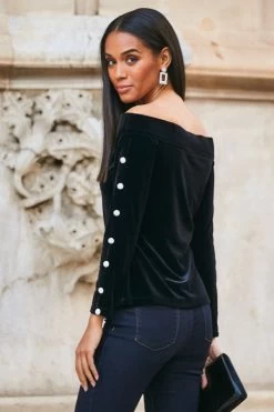 Black Velvet Embellished Sleeve Bardot Top 8 Black Velvet Embellished Sleeve Bardot Top -Trendora Shop web 76 a21tv002 129