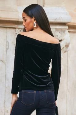 Black Velvet Embellished Sleeve Bardot Top 9 Black Velvet Embellished Sleeve Bardot Top -Trendora Shop web 76 a21tv002 143