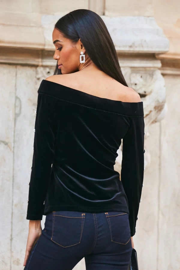 Black Velvet Embellished Sleeve Bardot Top 4 Black Velvet Embellished Sleeve Bardot Top - Image 4