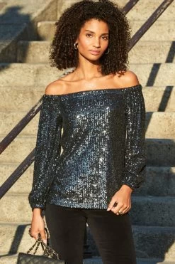 Black Sequin Luxe Bardot Top 9 Black Sequin Luxe Bardot Top -Trendora Shop web 9 a21tw005 a20bd008bk 107