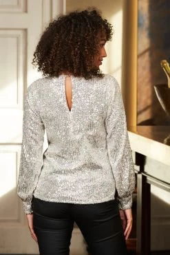 Champagne Gold Sequin V Neck Blouson Sleeve Top 7 Champagne Gold Sequin V Neck Blouson Sleeve Top -Trendora Shop web s20tw100 696