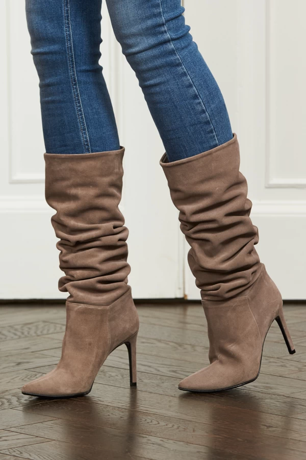 Belle Taupe Suede Heeled Slouch High Leg Boot 1 Belle Taupe Suede Heeled Slouch High Leg Boot