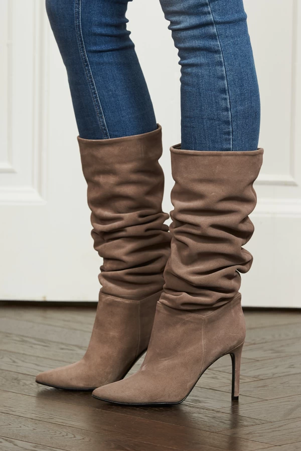Belle Taupe Suede Heeled Slouch High Leg Boot 2 Belle Taupe Suede Heeled Slouch High Leg Boot - Image 2