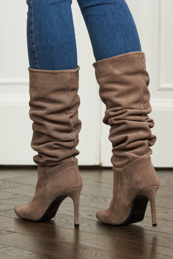 Belle Taupe Suede Heeled Slouch High Leg Boot 4 Belle Taupe Suede Heeled Slouch High Leg Boot - Image 4