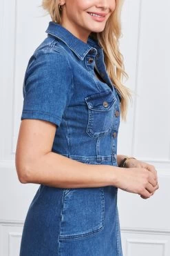 Indigo Blue Popper Front Short Sleeve Stretch Denim Dress 10 Indigo Blue Popper Front Short Sleeve Stretch Denim Dress -Trendora Shop web s8 s21dd406io001w s21fw022bn 068