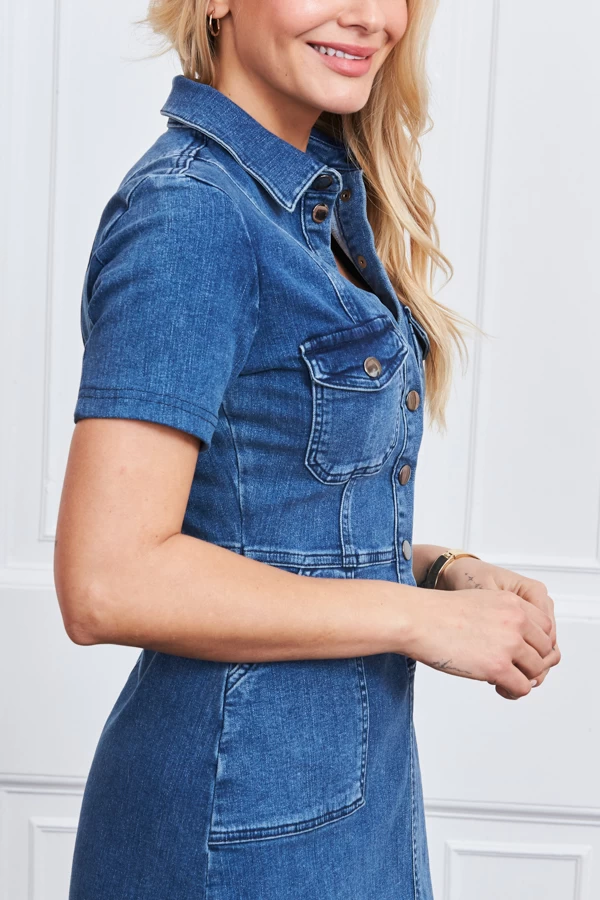 Indigo Blue Popper Front Short Sleeve Stretch Denim Dress 4 Indigo Blue Popper Front Short Sleeve Stretch Denim Dress - Image 4