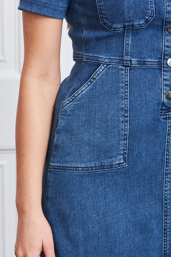 Indigo Blue Popper Front Short Sleeve Stretch Denim Dress 5 Indigo Blue Popper Front Short Sleeve Stretch Denim Dress - Image 5